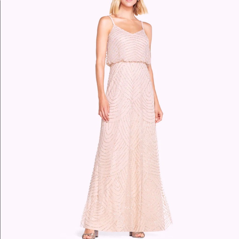 Adrianna Papell Beaded Blouson Sequin Dress Gown Blush